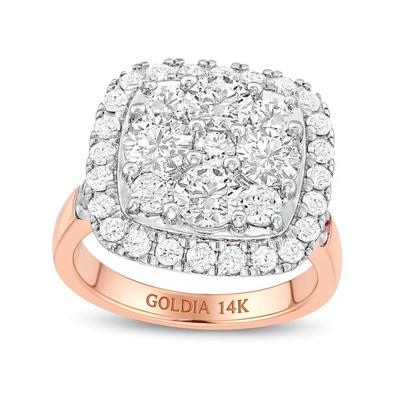 3.17 ct. Gesamtgewicht Verlobungsring mit Diamanten im Kissenschliff und Halo in 14K Roségold