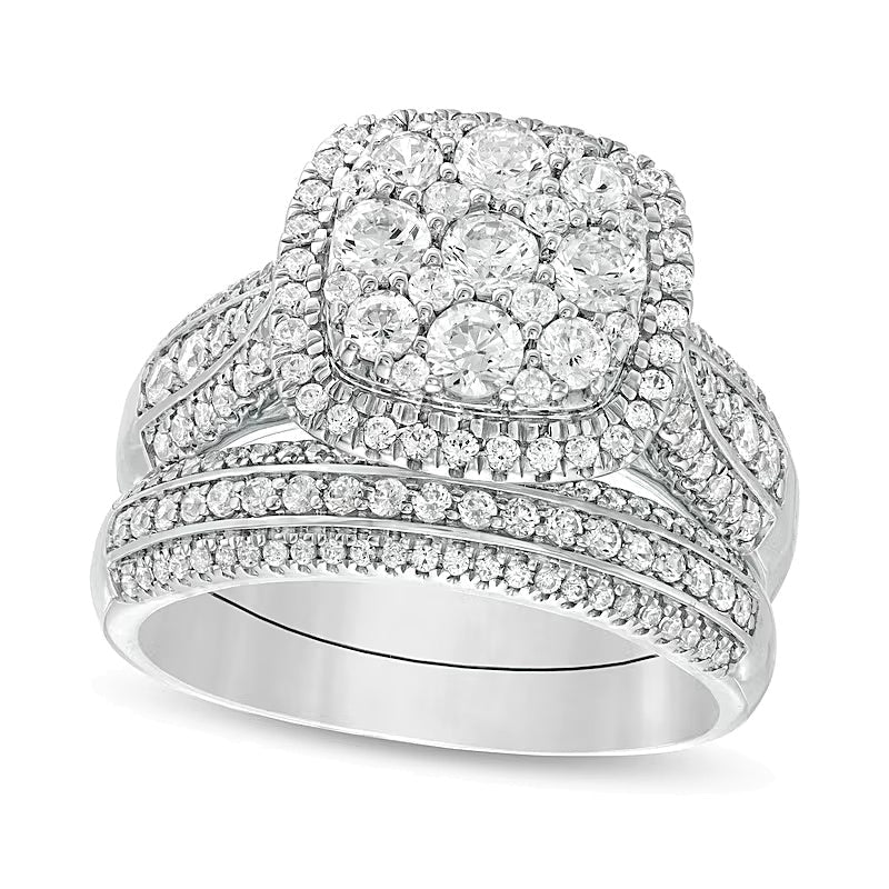 2.5 ct. Gesamtgewicht Komposit-Diamant Brautset mit Kissenschliff-Rahmen, mehrreihig, in 10K Weißgold
