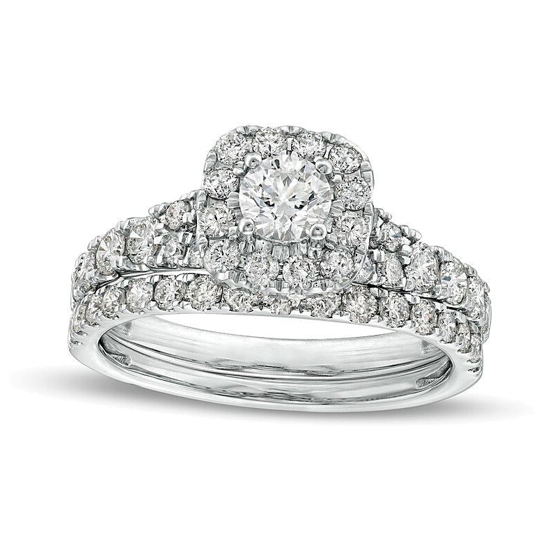 1.5 ct. Gesamtgewicht Diamant Brautset mit Kissenschliff-Halo und geteilter Schiene in 10K Weißgold