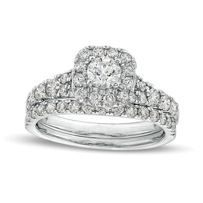 1.5 ct. Gesamtgewicht Diamant Brautset mit Kissenschliff-Halo und geteilter Schiene in 10K Weißgold