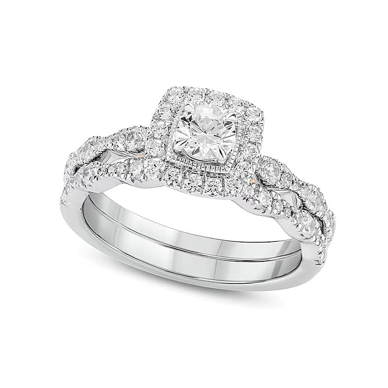 Braut-Set mit Diamanten im Rund- und Kissenschliff 1.0 CT. Gesamtgewicht in 10K Two-Tone Gold