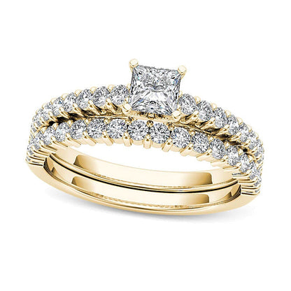 1.0 ct. Gesamtgewicht Braut-Set mit Diamanten im Princess- und Rundschliff in 14K Gelbgold