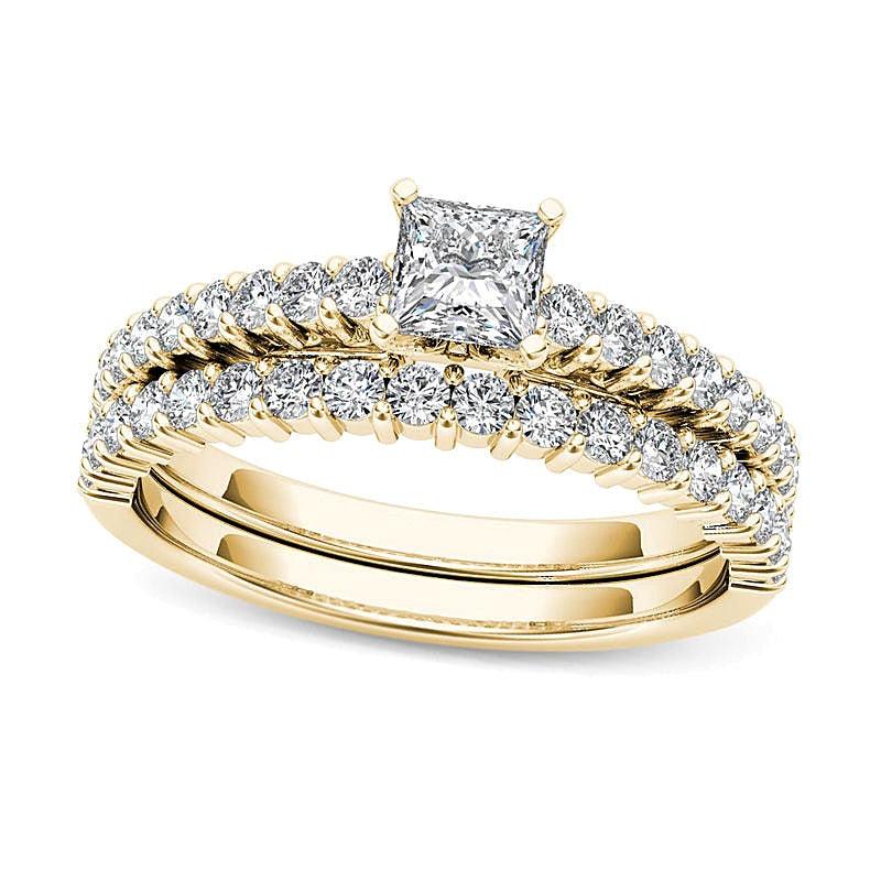 1.0 ct. Gesamtgewicht Braut-Set mit Diamanten im Princess- und Rundschliff in 14K Gelbgold