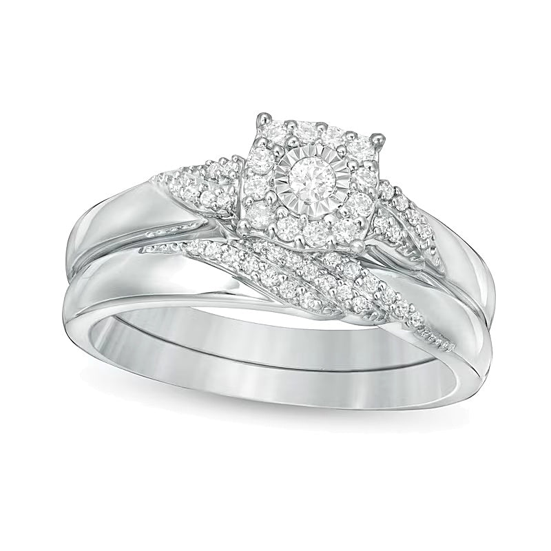 Braut-Set mit Diamanten im rund- und Kissenschliff 0,25 ct. Gesamtgewicht in rhodiniertem Sterlingsilber