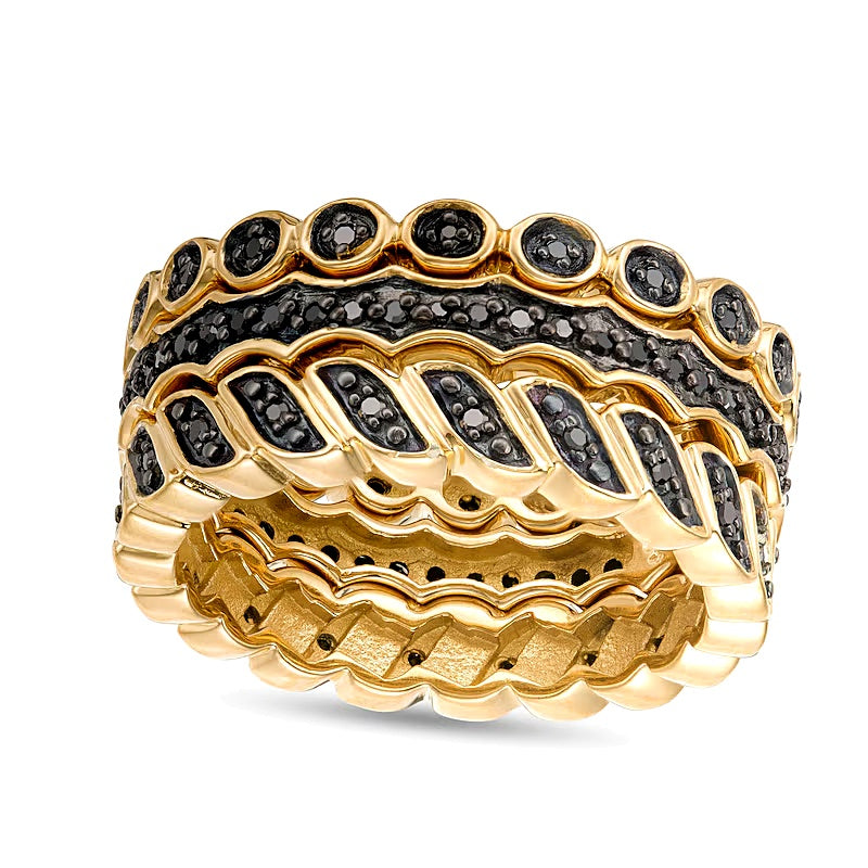 0,25 ct. Gesamtgewicht schwarzer Diamant Dreier-Set Ringe zum Stapeln, geometrisch, in Sterlingsilber mit 14K Gold vergoldet