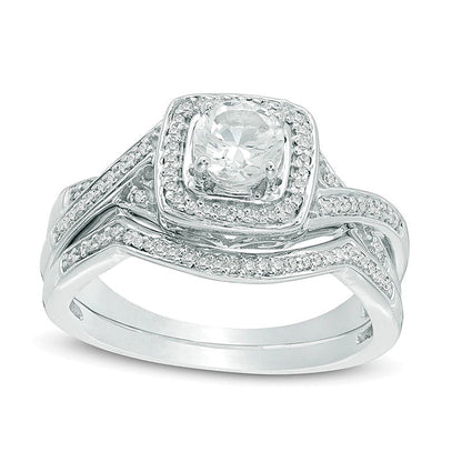 5,0mm Braut-Set mit im Labor gezüchtetem weißem Saphir und Diamant-Besatz in rhodiniertem Sterlingsilber
