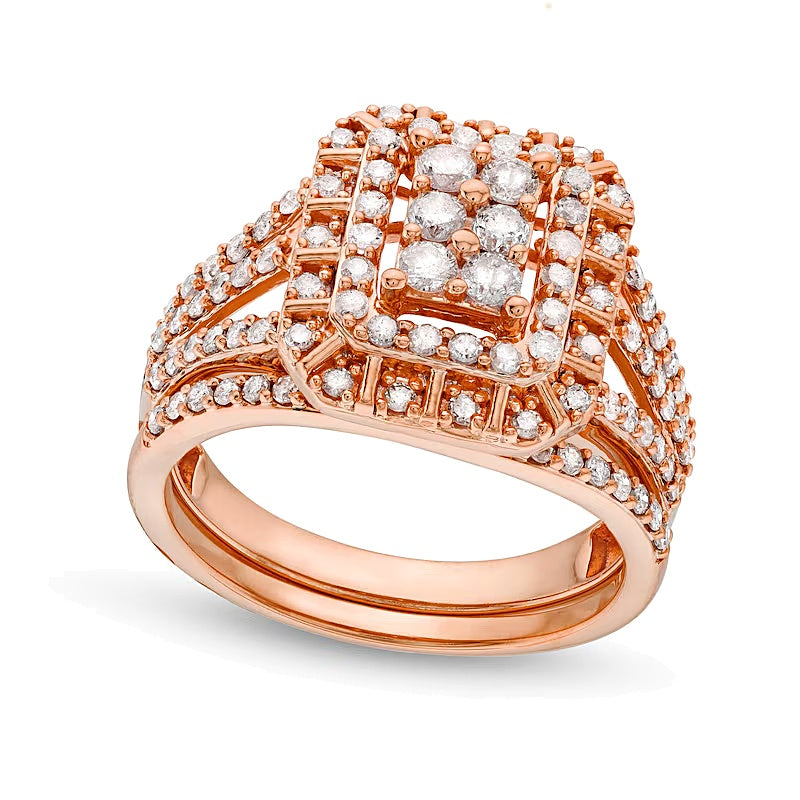Braut-Set 1.0 ct. Gesamtgewicht mit Smaragd und mehreren Diamanten, dreireihig mit geteiltem Ringschienenschaft, in 10K Roségold