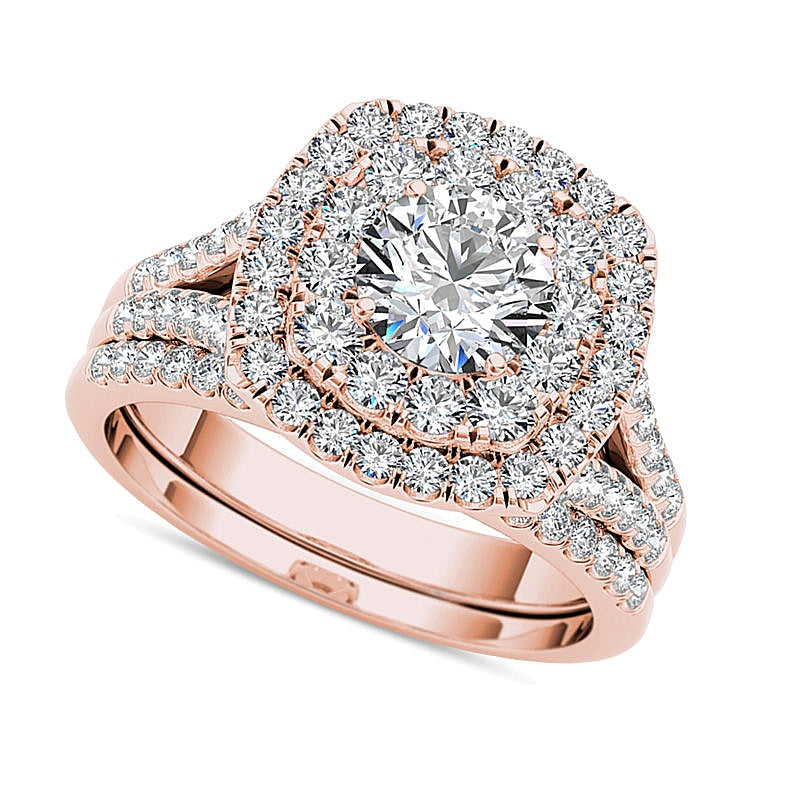 2.0 ct. Gesamtgewicht Brautset mit Diamanten in rundem und Kissenschliff, doppeltem Kissen-Rahmen und geteiltem Ringschienen-Design in 14K Roségold