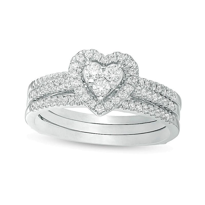 0.5 ct. Gesamtgewicht Diamant Brautset mit Herz-Rahmen dreiteilig in 10K Weißgold