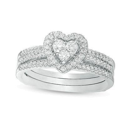 0.5 ct. Gesamtgewicht Diamant Brautset mit Herz-Rahmen dreiteilig in 10K Weißgold