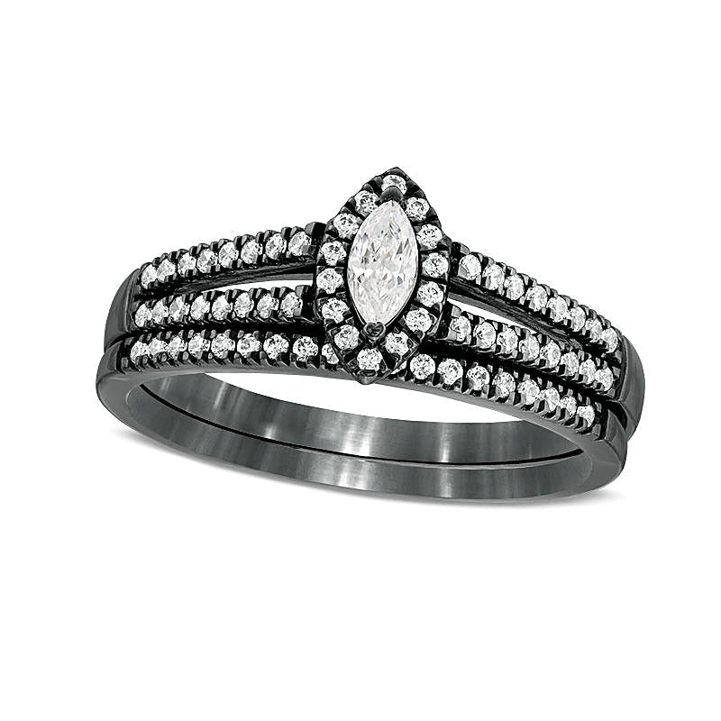 Braut-Set mit Diamanten im Marquise- und Rundschliff 0,38 ct. Gesamtgewicht mehrreihig in 10K Weißgold mit schwarzem Rhodium