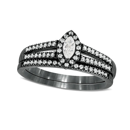 Braut-Set mit Diamanten im Marquise- und Rundschliff 0,38 ct. Gesamtgewicht mehrreihig in 10K Weißgold mit schwarzem Rhodium