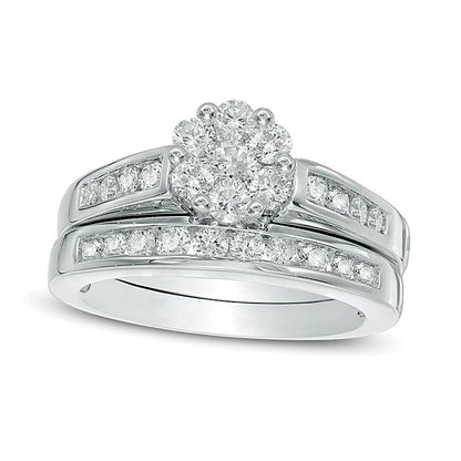 Brautset mit Diamanten im Blütendesign 1.0 ct. Gesamtgewicht in 10K Weißgold