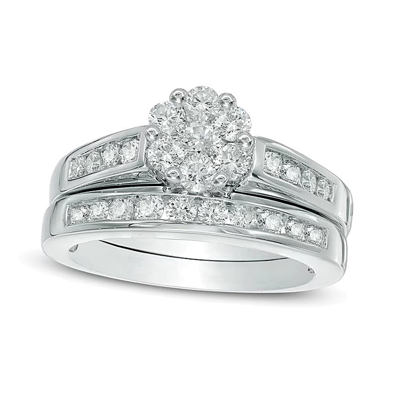 Brautset mit Diamanten im Blütendesign 1.0 ct. Gesamtgewicht in 10K Weißgold