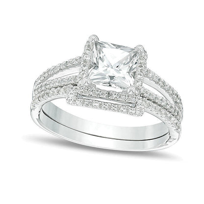 Braut-Set mit weißem Saphir im Princess-Schliff 6,0mm (Labor) und Diamanten 0,25 ct. Gesamtgewicht in 10K Weißgold