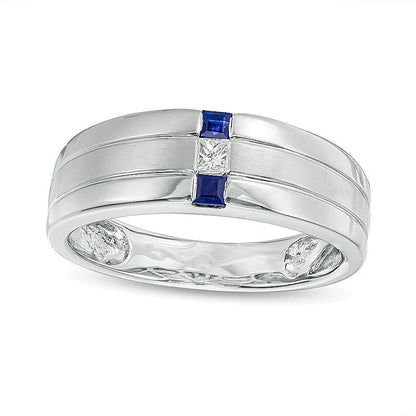 Blauer Saphir im Princess-Schliff und 0,07 ct. Diamant Dreistein-Ring in 10K Weißgold