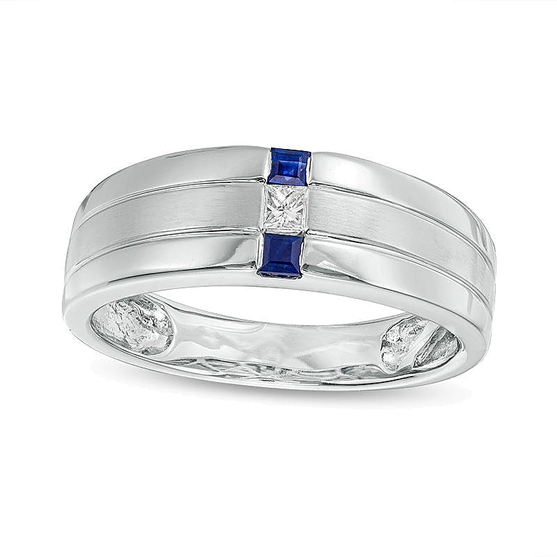 Blauer Saphir im Princess-Schliff und 0,07 ct. Diamant Dreistein-Ring in 10K Weißgold