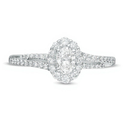 0.5 CT. Gesamtgewicht Verlobungsring mit ovalem Diamant-Halo und geteilter Schiene in 10K Weißgold