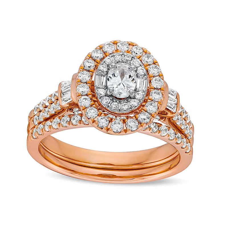1.0 CT. Gesamtgewicht Brautset mit ovalen Diamanten und Doppelreihe in 10K Roségold