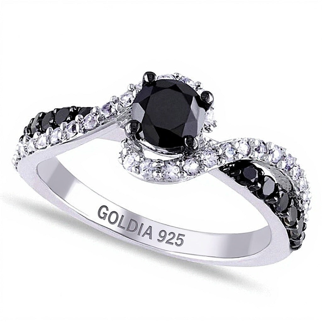 0,75 ct. Gesamtgewicht Ring mit schwarzem Diamant und synthetischem weißem Saphir, Solitär mit seitlichem Besatz, in Sterlingsilber