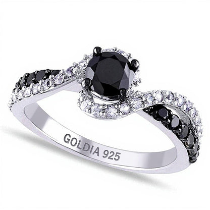 0,75 ct. Gesamtgewicht Ring mit schwarzem Diamant und synthetischem weißem Saphir, Solitär mit seitlichem Besatz, in Sterlingsilber