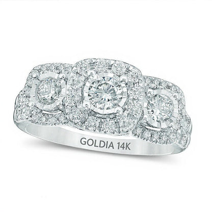 Dreistein-Verlobungsring mit weißen Diamanten 1.0 ct. Gesamtgewicht, rund, in 14K Weißgold