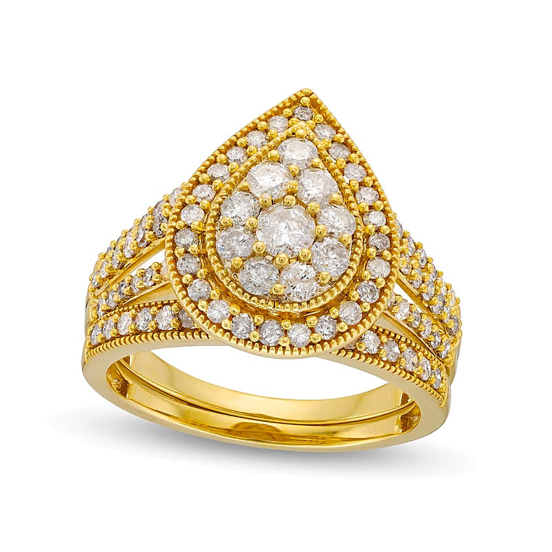 1.25 ct. Gesamtgewicht Diamant-Brautset mit tropfenförmigem Rahmen im Vintage-Stil, Tropfen- und Rundschliff, in 10K Gelbgold