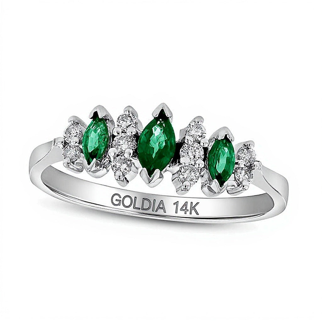 Fashion-Ring mit Smaragd im Marquise-Schliff und 0,17 ct. Gesamtgewicht Diamanten in 14K Weißgold für Damen