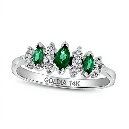 Fashion-Ring mit Smaragd im Marquise-Schliff und 0,17 ct. Gesamtgewicht Diamanten in 14K Weißgold für Damen