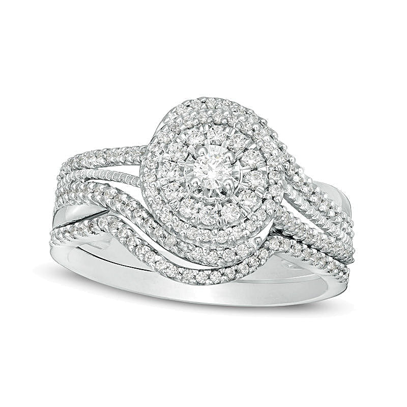 0,5 ct. Gesamtgewicht Diamant Bypass Brautset im Vintage-Stil mit doppeltem Rahmen in 10K Weißgold