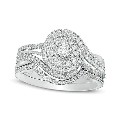 0,5 ct. Gesamtgewicht Diamant Bypass Brautset im Vintage-Stil mit doppeltem Rahmen in 10K Weißgold