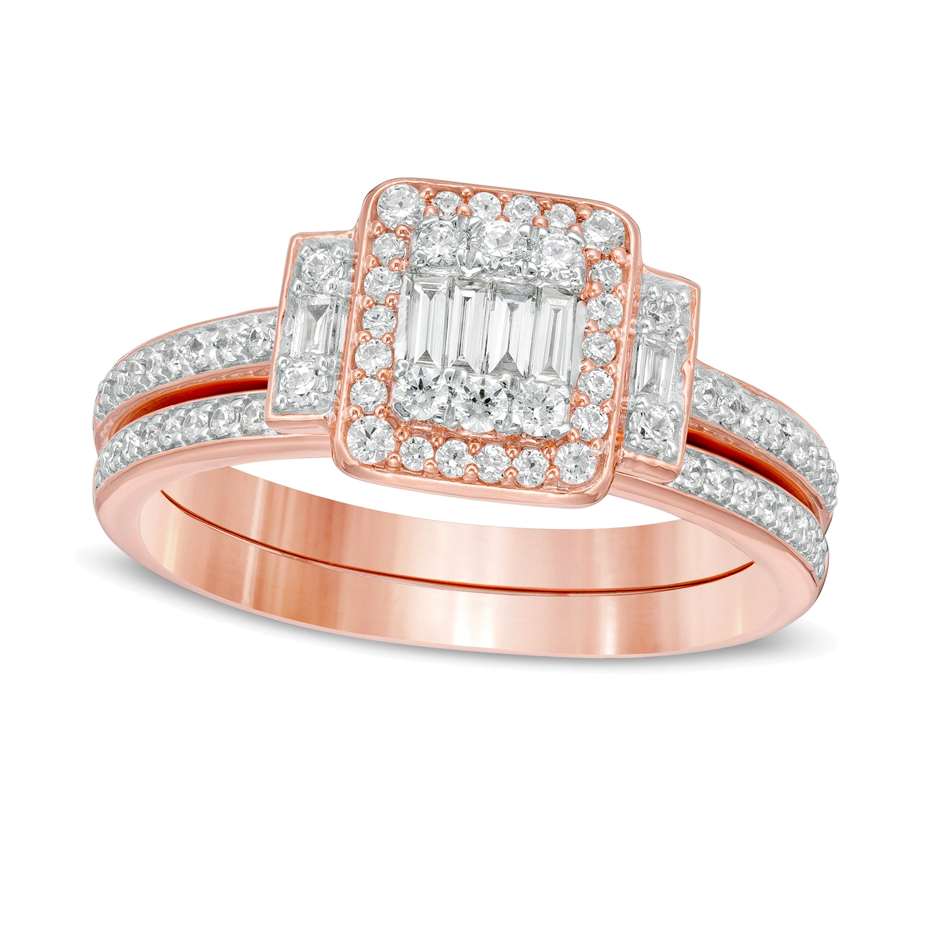 0.5 ct. Gesamtgewicht Komposit-Brautset mit weißen Diamanten im Baguette- und Rundschliff in 10K Roségold