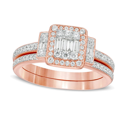 0.5 ct. Gesamtgewicht Komposit-Brautset mit weißen Diamanten im Baguette- und Rundschliff in 10K Roségold