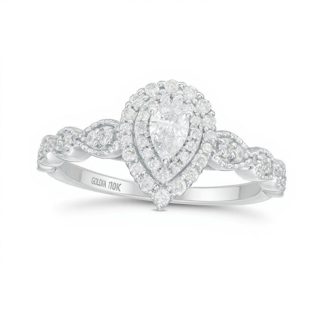 0,38 ct. Gesamtgewicht Verlobungsring mit tropfenförmigem Diamant im Vintage-Stil Art Déco und Halo in 10K Weißgold