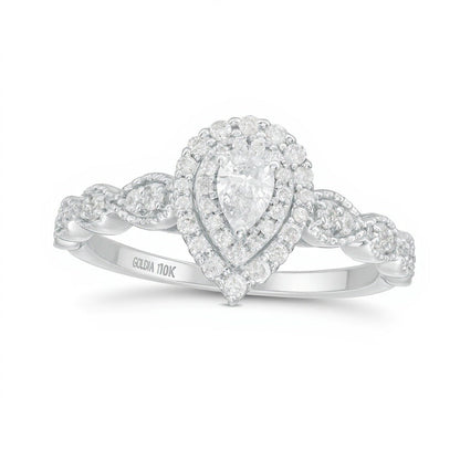 0,38 ct. Gesamtgewicht Verlobungsring mit tropfenförmigem Diamant im Vintage-Stil Art Déco und Halo in 10K Weißgold