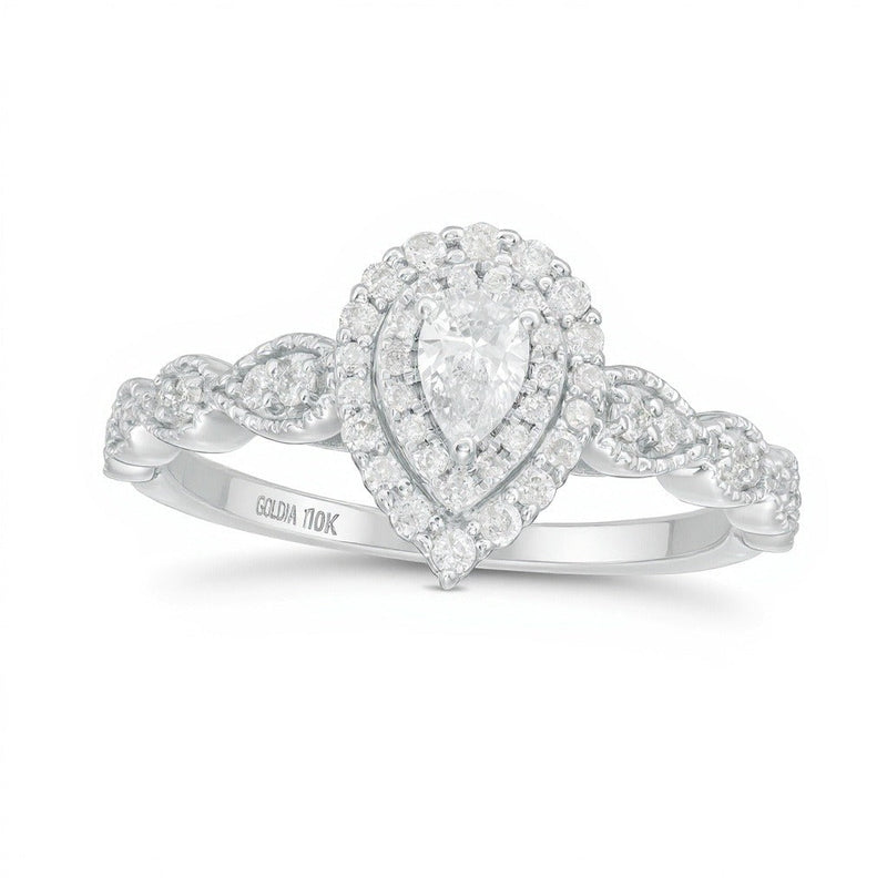 0,38 ct. Gesamtgewicht Verlobungsring mit tropfenförmigem Diamant im Vintage-Stil Art Déco und Halo in 10K Weißgold