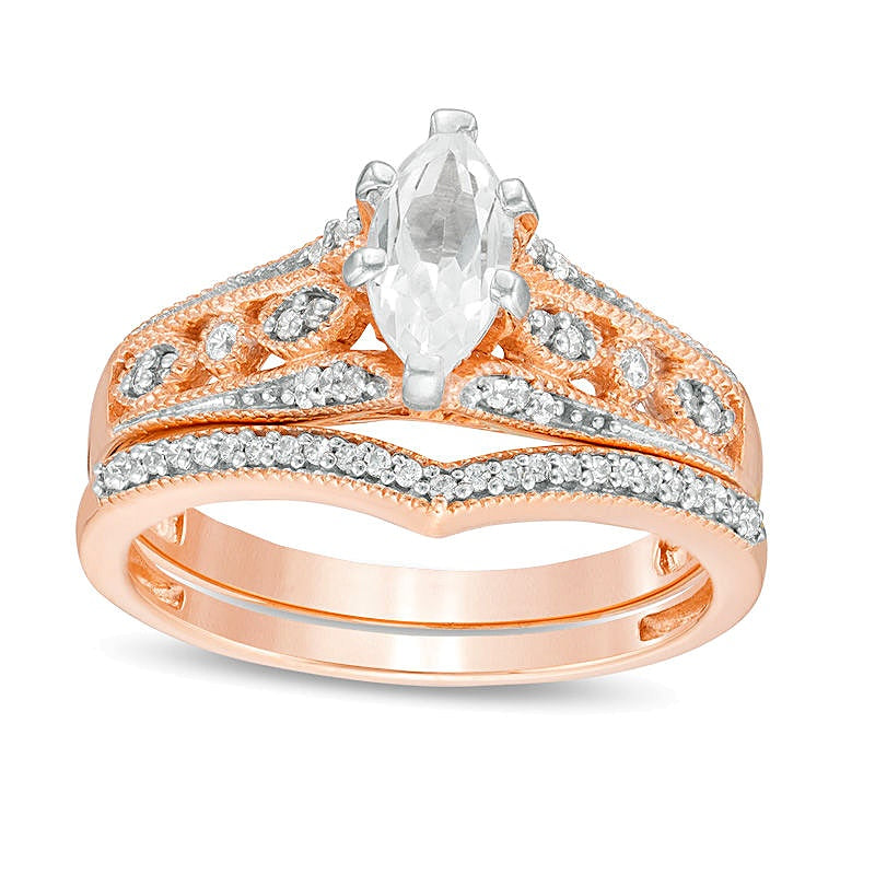 Braut-Set mit weißem Saphir im Marquise-Schliff (Labor) und 0,2 ct. Gesamtgewicht Diamant in 10K Roségold
