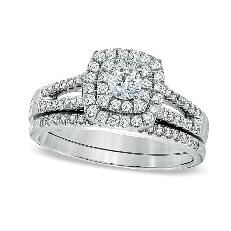 0,75 ct. Gesamtgewicht Diamant Brautset mit doppeltem Rahmen verlötet in 14K Weißgold