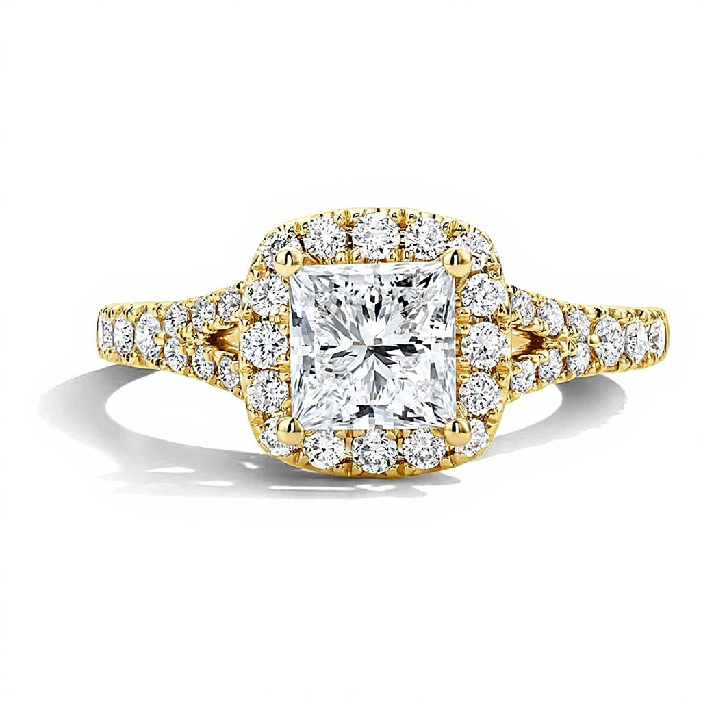 1.5 CT. Gesamtgewicht Verlobungsring mit Labordiamant im Princess-Schliff und Halo in 14K Gelbgold (F/VS2)