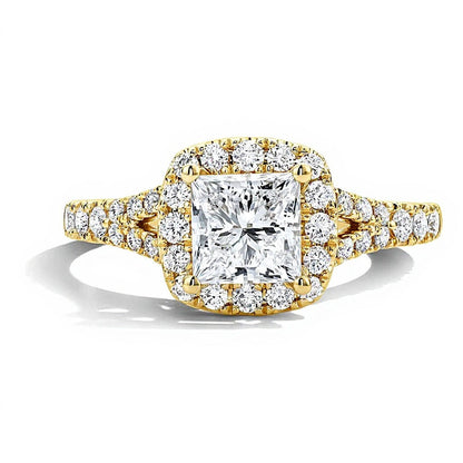 1.5 CT. Gesamtgewicht Verlobungsring mit Labordiamant im Princess-Schliff und Halo in 14K Gelbgold (F/VS2)