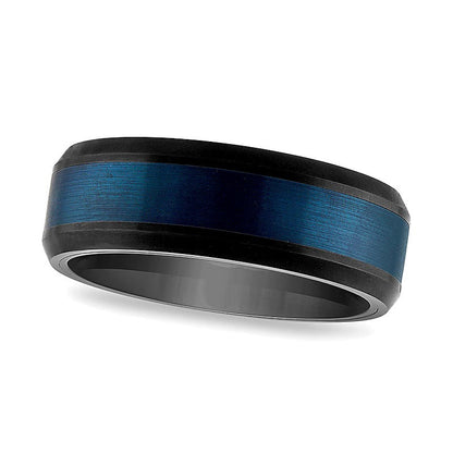 8,0mm Ring mit gefasten Kanten, blau gebürsteter Mitte in schwarz ionenbeschichtetem Two-Tone-Tungsten
