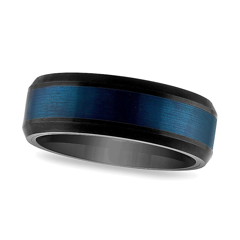 8,0mm Ring mit gefasten Kanten, blau gebürsteter Mitte in schwarz ionenbeschichtetem Two-Tone-Tungsten