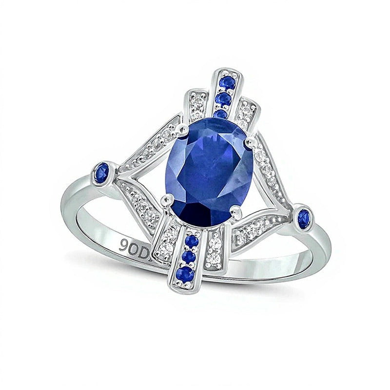 Fashion-Ring für Damen mit ovalem Labor-blauem Saphir und 0,07 ct. Gesamtgewicht Diamanten in rhodiniertem Sterlingsilber 925