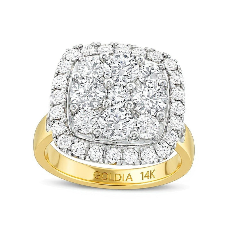 3.17 ct. Gesamtgewicht Multi-Diamant-Ring mit Diamanten im Kissenschliff und Rundschliff in 14K Gelbgold