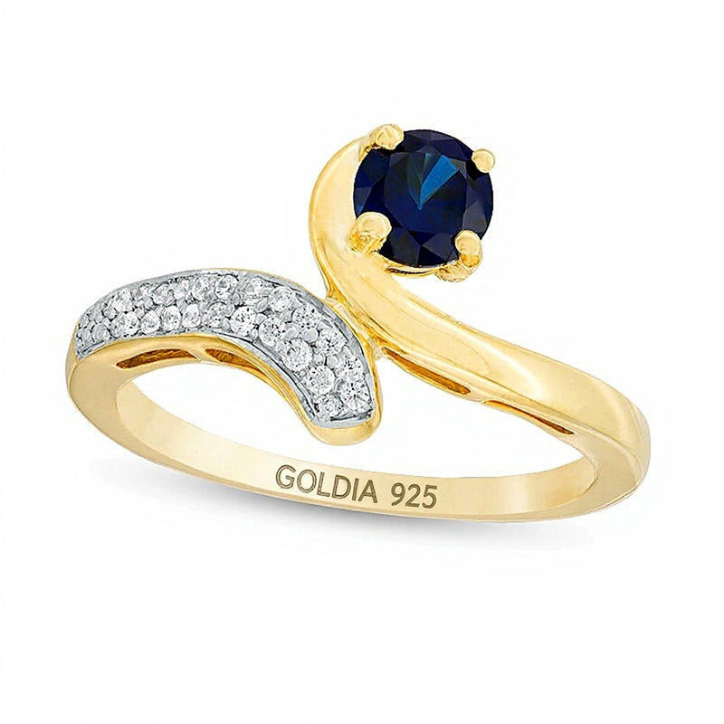 5,0mm im Labor gezüchteter blauer Saphir und Diamant Bypass-Ring, 0,1 ct. Gesamtgewicht, in 14K Weißgold