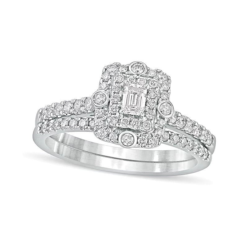 Braut-Set mit Diamanten im Smaragdschliff und doppeltem Rahmen 0,63 ct. Gesamtgewicht in 10K Weißgold
