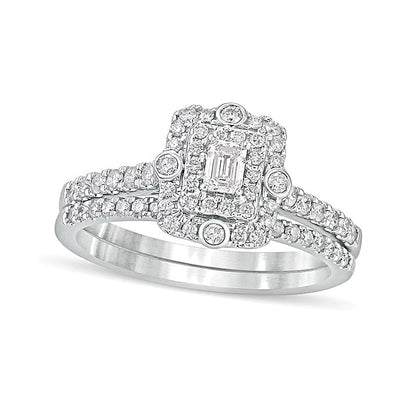 Braut-Set mit Diamanten im Smaragdschliff und doppeltem Rahmen 0,63 ct. Gesamtgewicht in 10K Weißgold