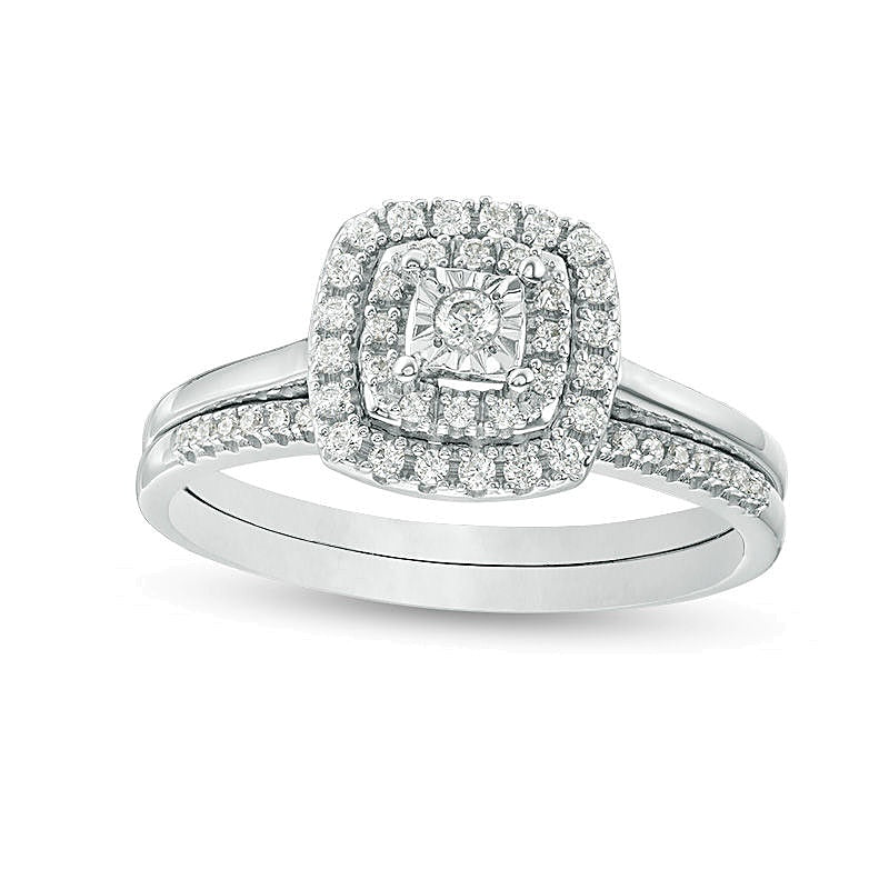 Brautset mit Diamanten im Rund- und Kissenschliff, 0.25 ct. Gesamtgewicht, doppelter Kissen-Rahmen, in 10K Weißgold