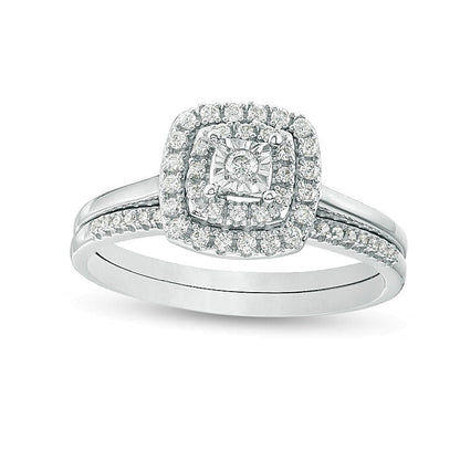 Brautset mit Diamanten im Rund- und Kissenschliff, 0.25 ct. Gesamtgewicht, doppelter Kissen-Rahmen, in 10K Weißgold