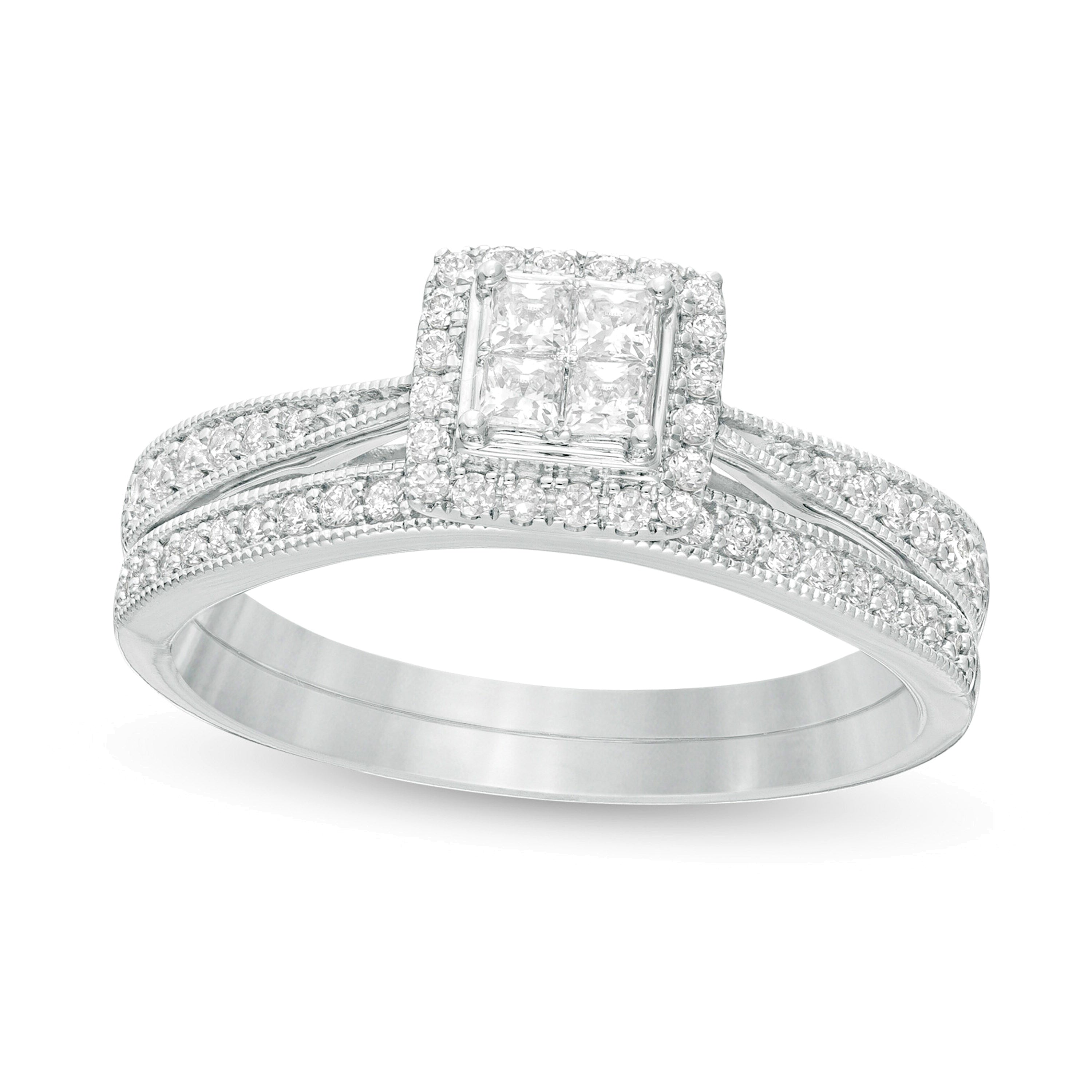 0.38 ct. Gesamtgewicht Brautset im Vintage-Stil mit Diamanten im Princess- und Rundschliff in 10K Weißgold